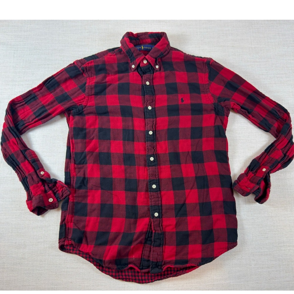 Polo Ralph Lauren Mens Red Black Buffalo Plaid Flannel Button Down Shirt XS
